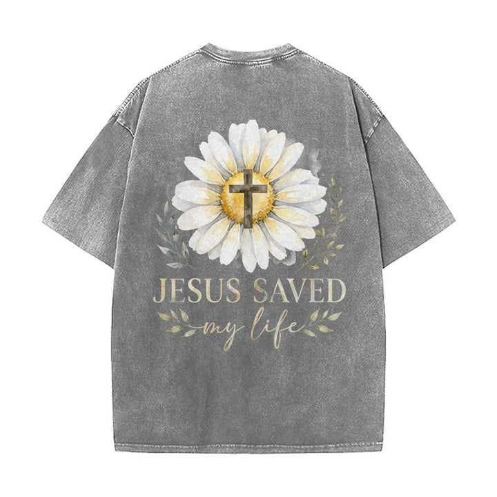 Christianartworkshop „Jesus rettete mein Leben“ Aquarell-Gänseblümchenkreuz-Druck Vorder- und Rückseite Waschbares T-Shirt - image 25