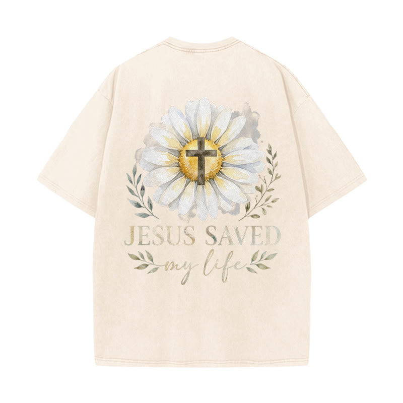 Christianartworkshop „Jesus rettete mein Leben“ Aquarell-Gänseblümchenkreuz-Druck Vorder- und Rückseite Waschbares T-Shirt - image 7