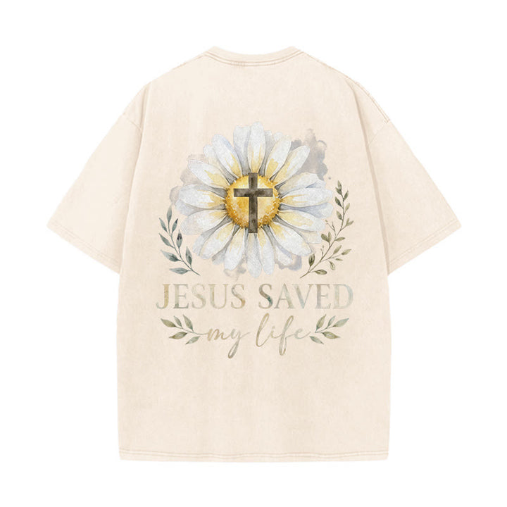 Christianartworkshop „Jesus rettete mein Leben“ Aquarell-Gänseblümchenkreuz-Druck Vorder- und Rückseite Waschbares T-Shirt - image 7