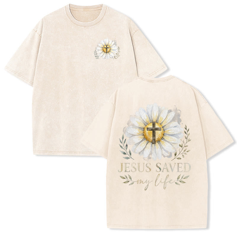 Christianartworkshop „Jesus rettete mein Leben“ Aquarell-Gänseblümchenkreuz-Druck Vorder- und Rückseite Waschbares T-Shirt - Beige - 5XL - image 6
