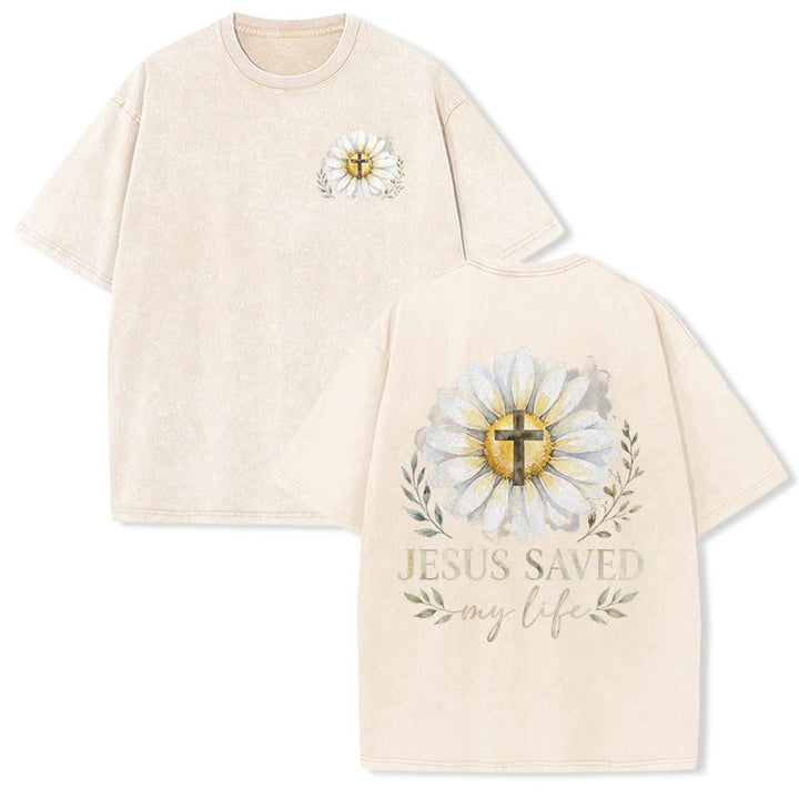 Christianartworkshop „Jesus rettete mein Leben“ Aquarell-Gänseblümchenkreuz-Druck Vorder- und Rückseite Waschbares T-Shirt - Beige - 5XL - image 6