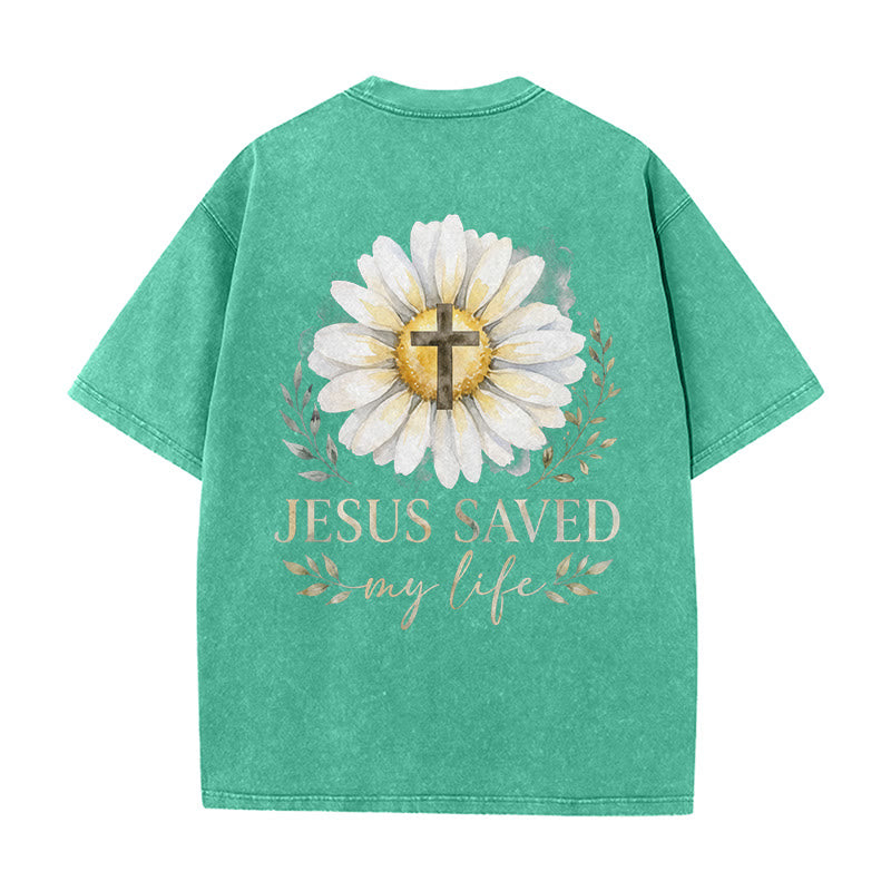 Christianartworkshop „Jesus rettete mein Leben“ Aquarell-Gänseblümchenkreuz-Druck Vorder- und Rückseite Waschbares T-Shirt - image 13