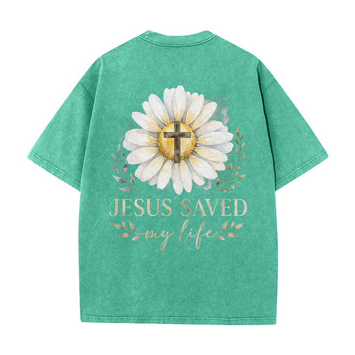 Christianartworkshop „Jesus rettete mein Leben“ Aquarell-Gänseblümchenkreuz-Druck Vorder- und Rückseite Waschbares T-Shirt - image 13