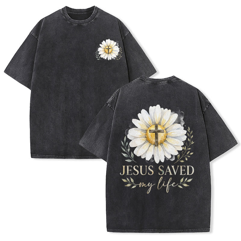 Christianartworkshop „Jesus rettete mein Leben“ Aquarell-Gänseblümchenkreuz-Druck Vorder- und Rückseite Waschbares T-Shirt - Schwarz - 5XL - image 0