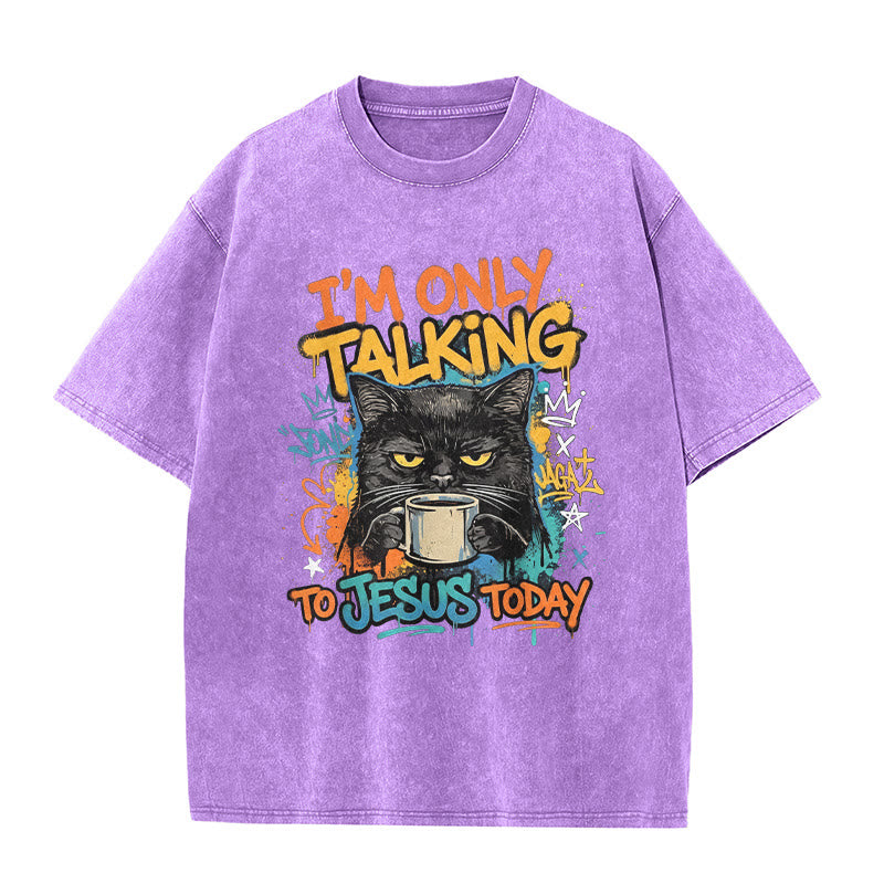 Christianartworkshop Ich spreche heute nur mit Jesus Graffiti Katze Kaffee gewaschen Unisex T-Shirt - Lila - 5XL - image 6