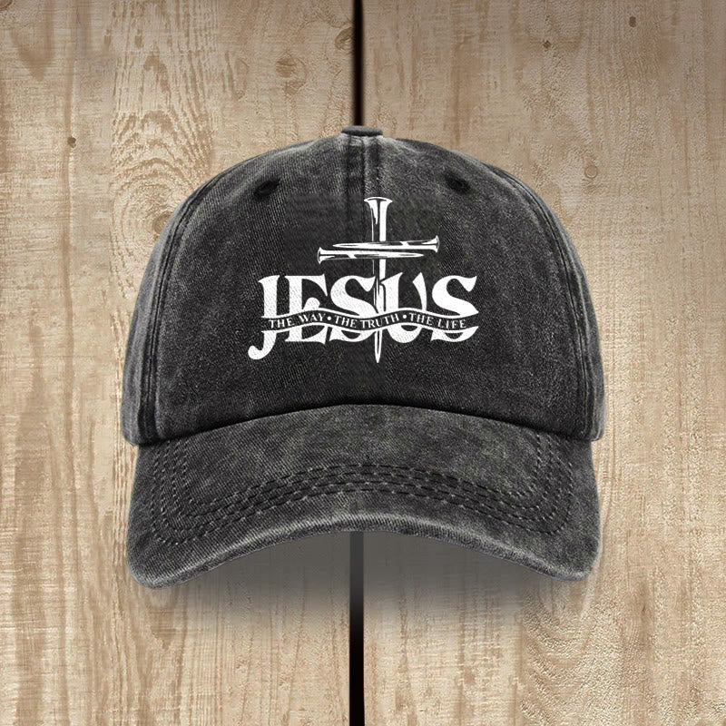 Christianartworkshop Jesus – Der Weg, die Wahrheit, das Leben – Bestickte Baseballkappe mit Nagelkreuzmotiv - Schwarz - image 0