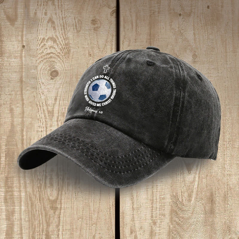 Christianartworkshop Ich vermag alles durch Christus (Fußball, Philipper 4,13) – Gewaschene Baseballkappe - image 1