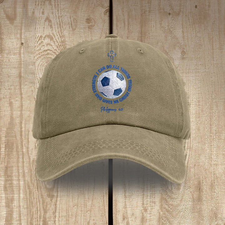 Christianartworkshop Ich vermag alles durch Christus (Fußball, Philipper 4,13) – Gewaschene Baseballkappe - Khaki - image 15