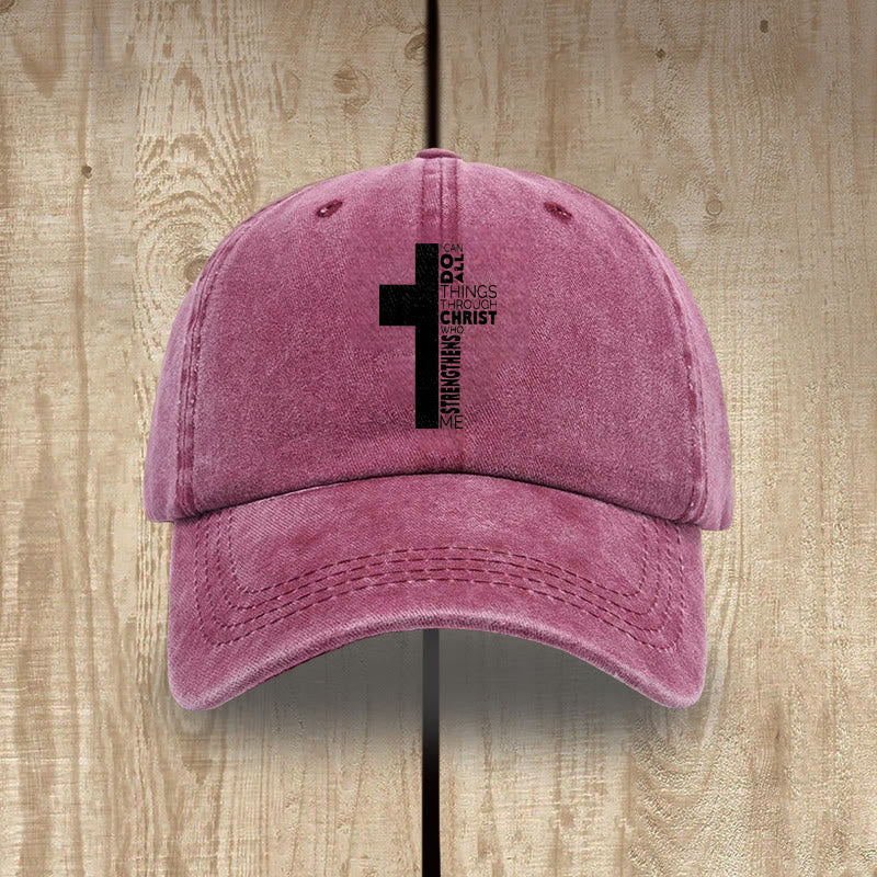 Christianartworkshop Ich vermag alles durch Christus – Kreuzförmige Baseballkappe mit Bibelvers - Weinrot - image 11
