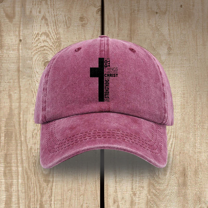 Christianartworkshop Ich vermag alles durch Christus – Kreuzförmige Baseballkappe mit Bibelvers - Weinrot - image 11
