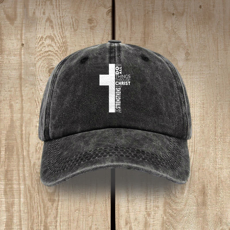 Christianartworkshop Ich vermag alles durch Christus – Kreuzförmige Baseballkappe mit Bibelvers - Schwarz - image 0