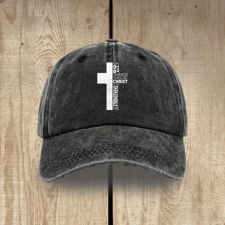 Christianartworkshop Ich vermag alles durch Christus – Kreuzförmige Baseballkappe mit Bibelvers - Schwarz - image 0