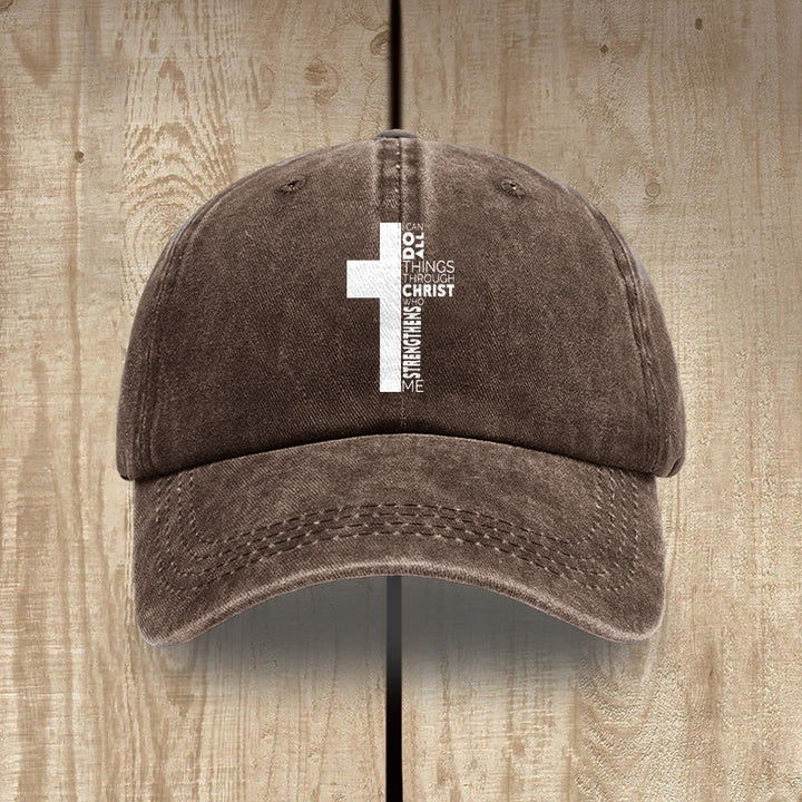 Christianartworkshop Ich vermag alles durch Christus – Kreuzförmige Baseballkappe mit Bibelvers - Kaffee - image 14