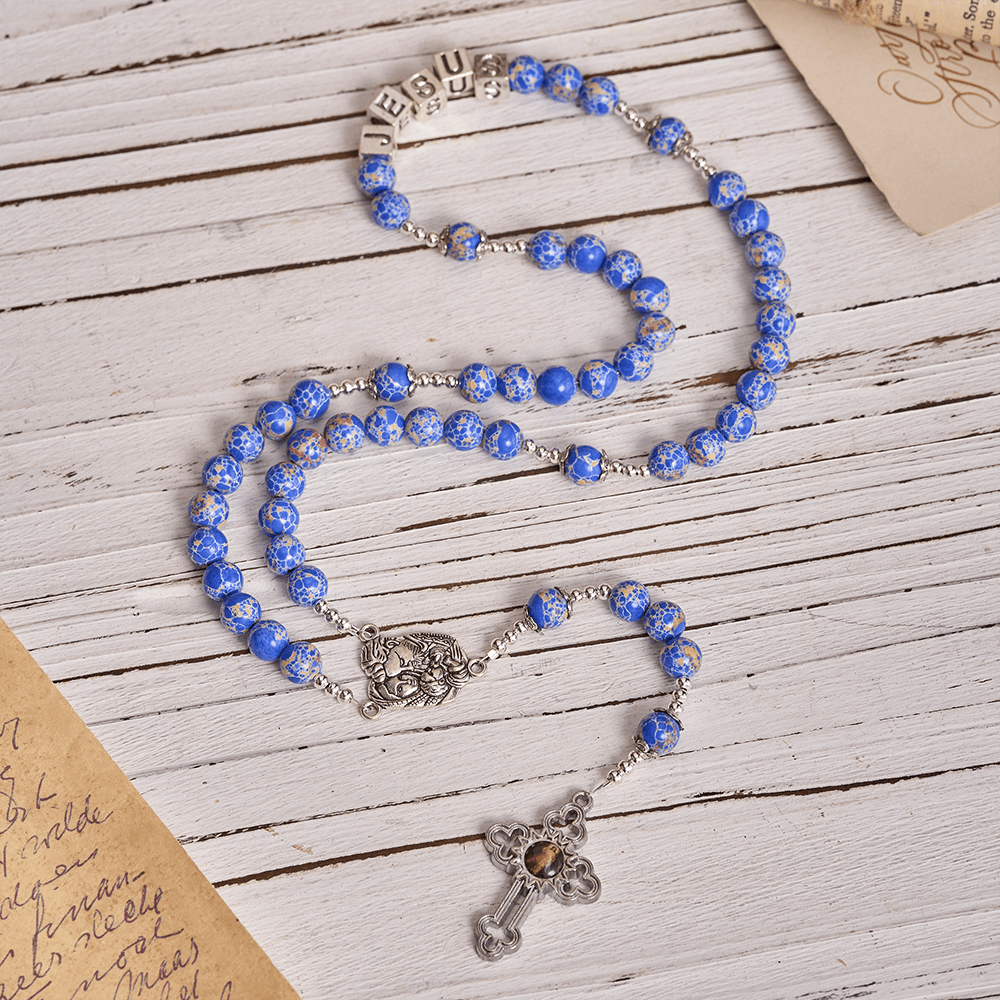 Christianartworkshop Rosenkranz aus Königsblauem Kaiserstein mit Kreuz der Heiligen Familie und der Göttlichen Barmherzigkeit - image 1