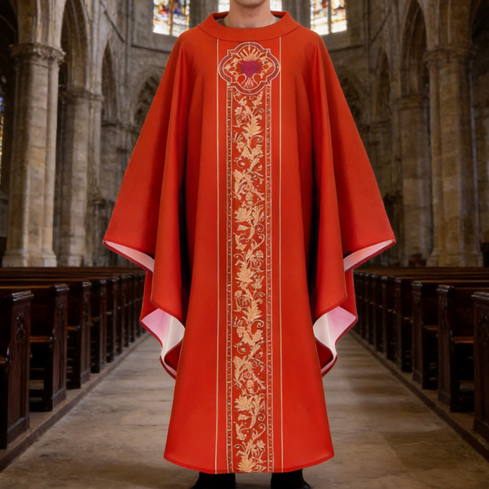Christianartworkshop Kasel mit Wappen des Heiligen Herzens und floraler Rankenstickerei - Rot - Einheitsgröße passt den meisten - image 3