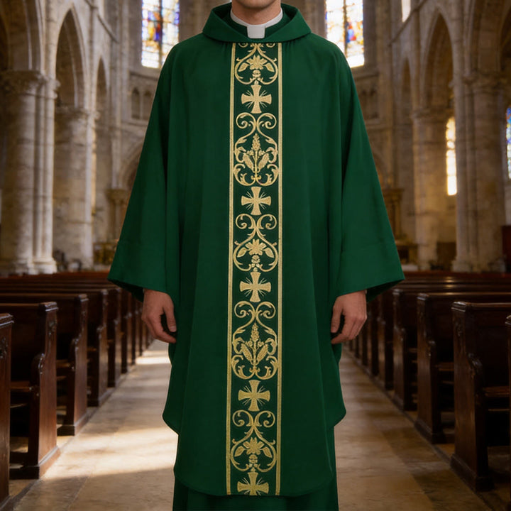 Christianartworkshop Elegante Kasel mit zentralem Kreuz, floraler Ranken- und Weizenstickerei - Grün - Einheitsgröße passt den meisten - image 6