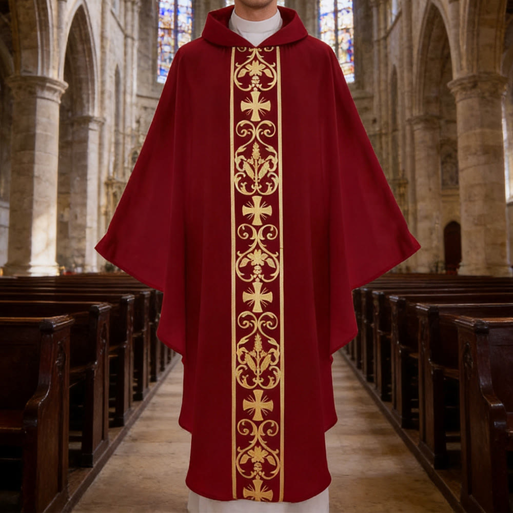 Christianartworkshop Elegante Kasel mit zentralem Kreuz, floraler Ranken- und Weizenstickerei - Rot - Einheitsgröße passt den meisten - image 10