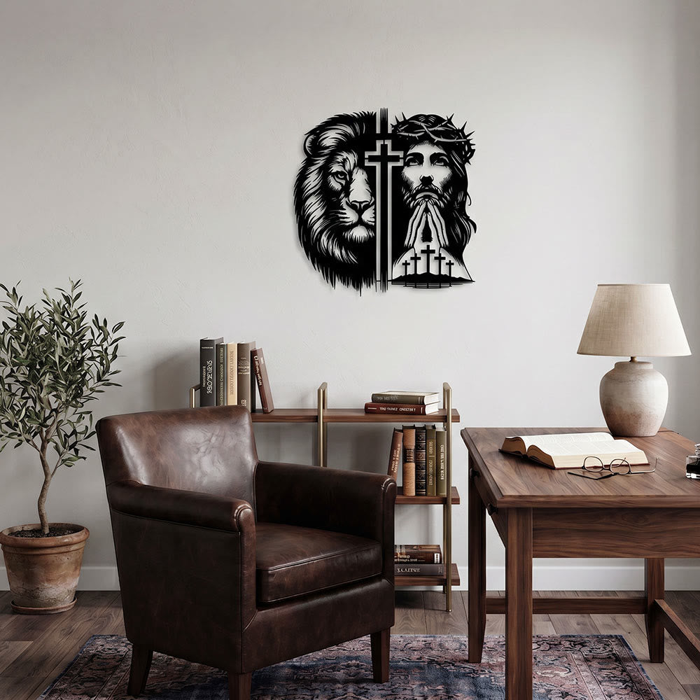 Christianartworkshop Löwe von Juda und Jesus mit Dornenkrone – geteilte Silhouette als Wanddekoration aus Metall - image 1