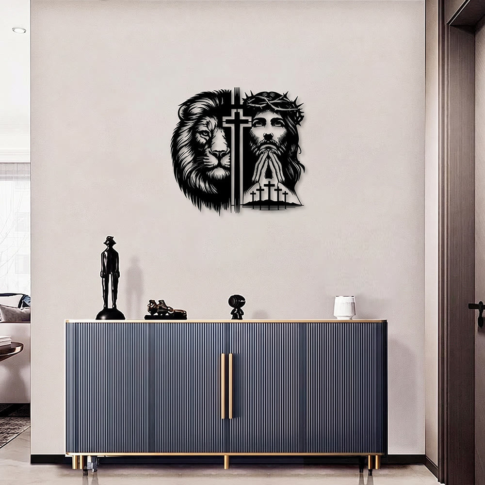 Christianartworkshop Löwe von Juda und Jesus mit Dornenkrone – geteilte Silhouette als Wanddekoration aus Metall - image 0