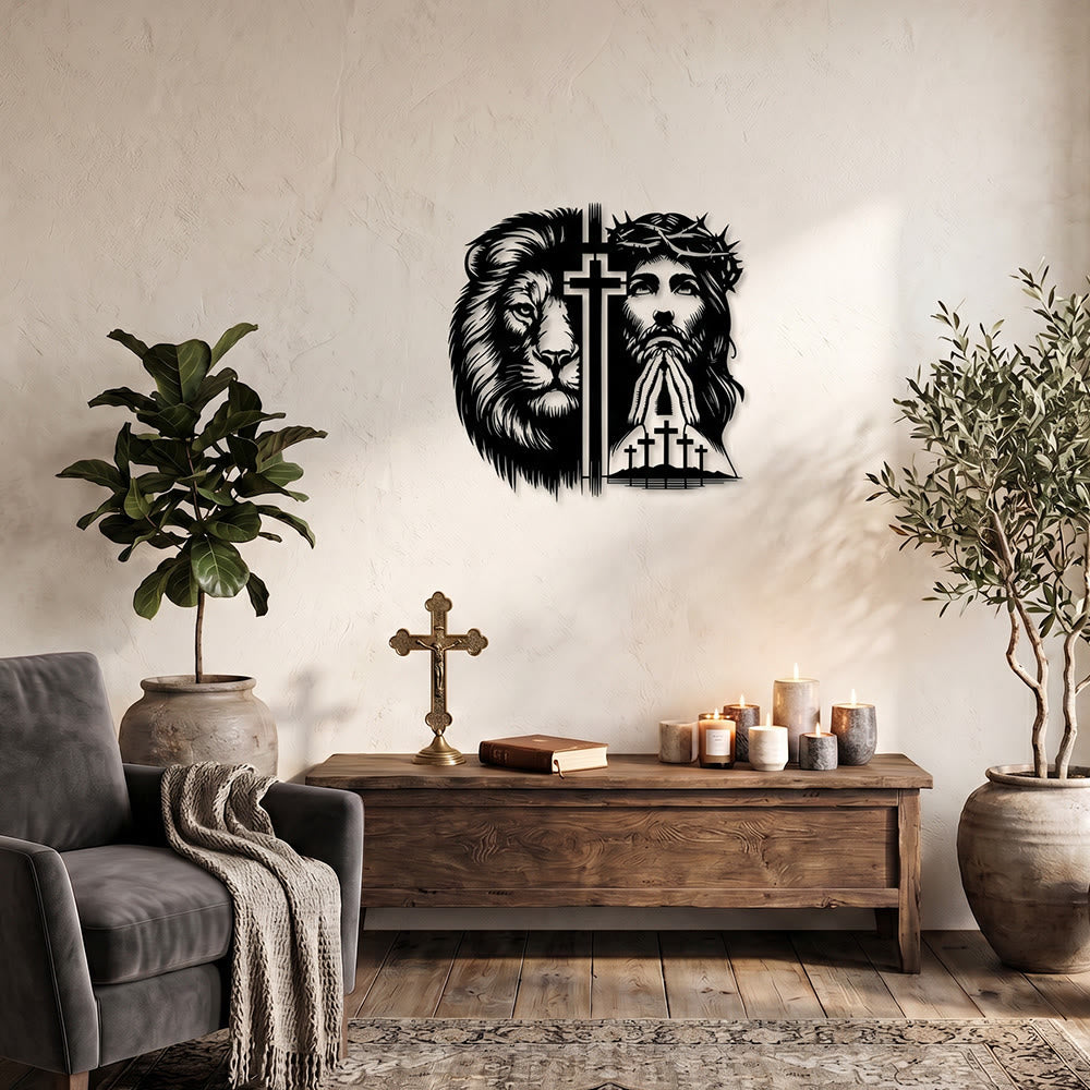 Christianartworkshop Löwe von Juda und Jesus mit Dornenkrone – geteilte Silhouette als Wanddekoration aus Metall - image 2