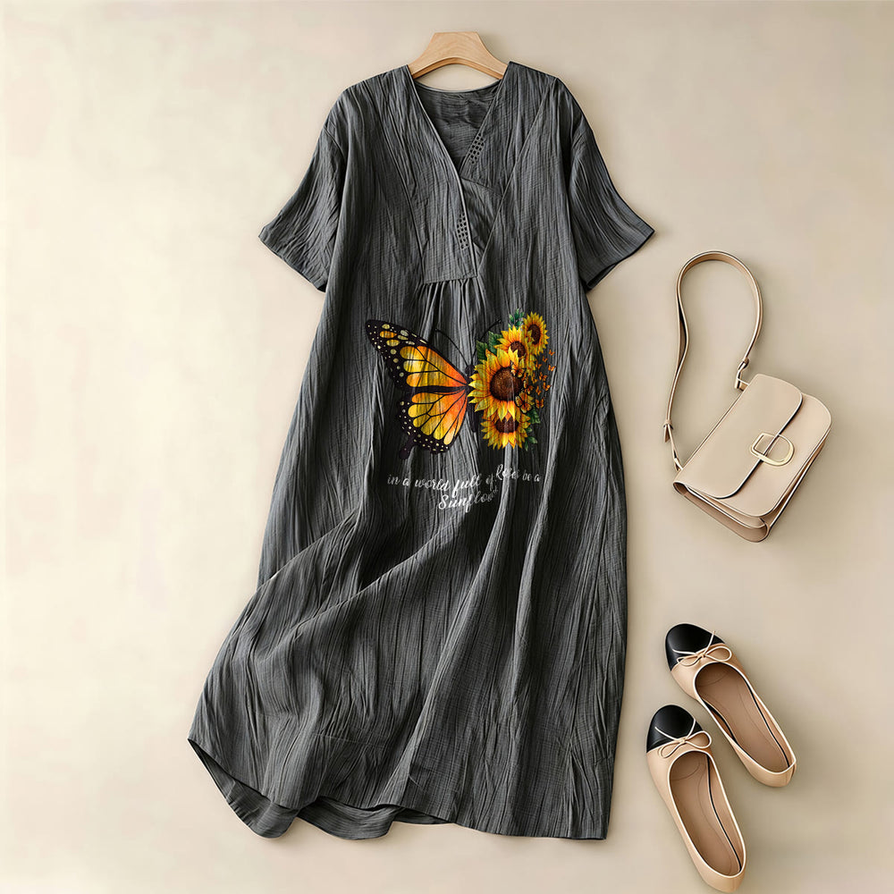 Christianartworkshop Schmetterlings- und Sonnenblumen-Midikleid mit V-Ausschnitt und kurzen Ärmeln – Inspirierendes Zitat! - image 1