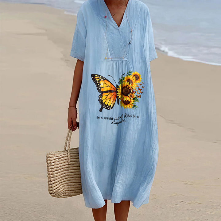 Christianartworkshop Schmetterlings- und Sonnenblumen-Midikleid mit V-Ausschnitt und kurzen Ärmeln – Inspirierendes Zitat! - Blau - 4XL - image 2