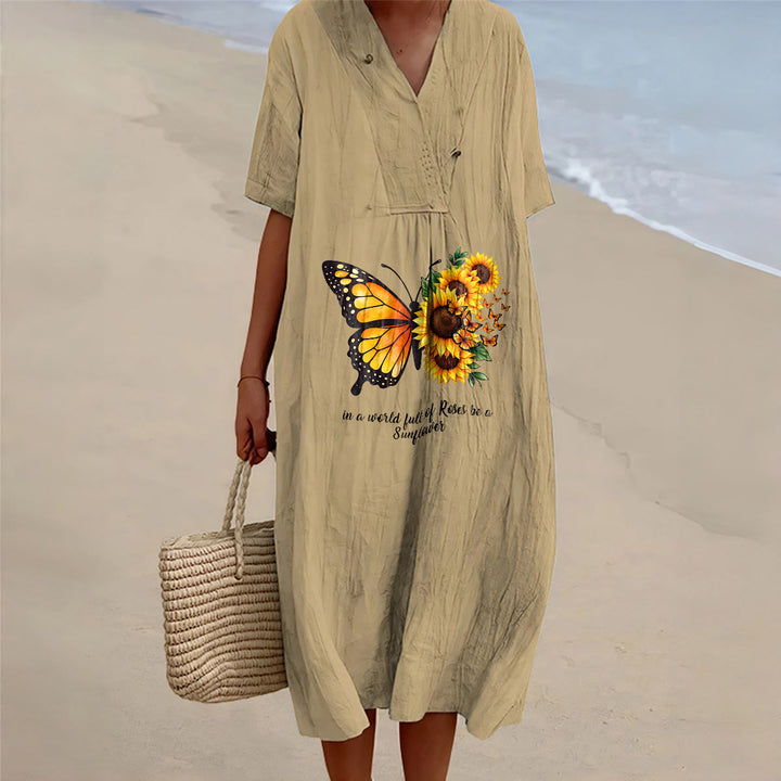 Christianartworkshop Schmetterlings- und Sonnenblumen-Midikleid mit V-Ausschnitt und kurzen Ärmeln – Inspirierendes Zitat! - Khaki - 4XL - image 6