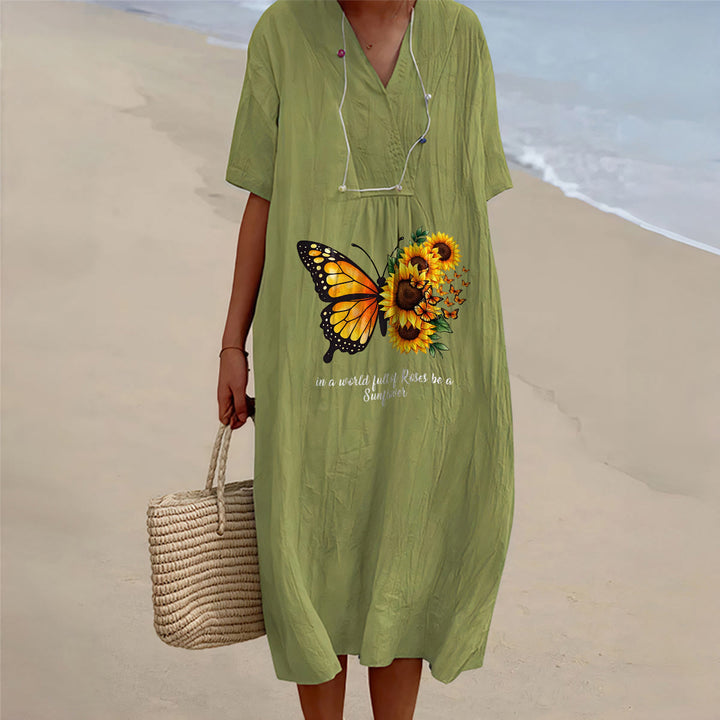 Christianartworkshop Schmetterlings- und Sonnenblumen-Midikleid mit V-Ausschnitt und kurzen Ärmeln – Inspirierendes Zitat! - Olivgrün - 4XL - image 10