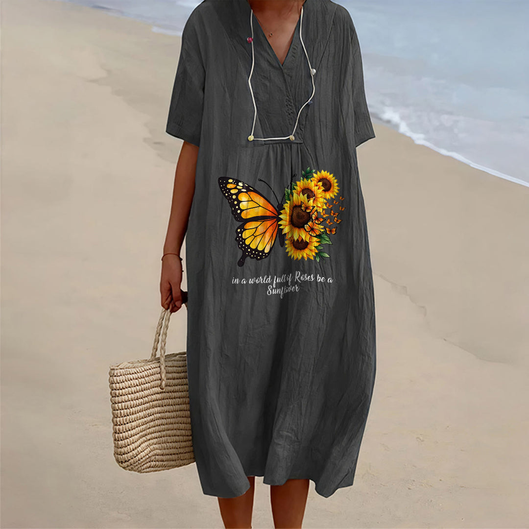 Christianartworkshop Schmetterlings- und Sonnenblumen-Midikleid mit V-Ausschnitt und kurzen Ärmeln – Inspirierendes Zitat! - Schwarz - 4XL - image 0