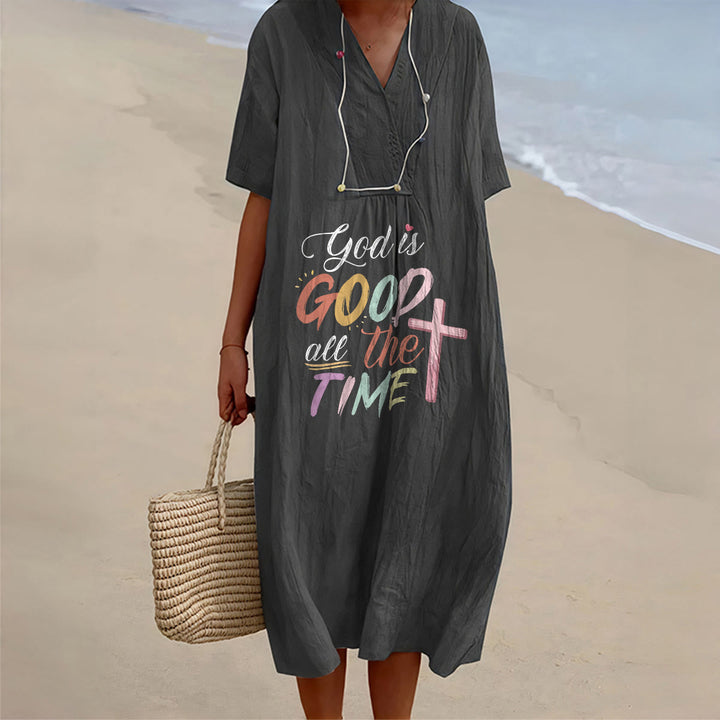 Christianartworkshop Christliches Midikleid mit V-Ausschnitt und kurzen Ärmeln, inspiriert vom christlichen Glauben „Gott ist immer gut“. - Schwarz - 4XL - image 2