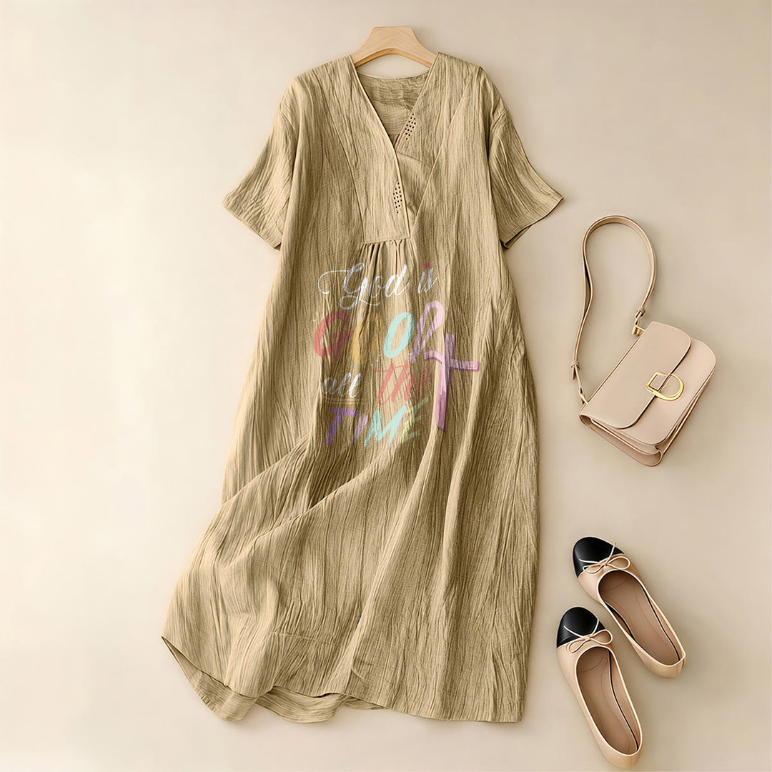 Christianartworkshop Christliches Midikleid mit V-Ausschnitt und kurzen Ärmeln, inspiriert vom christlichen Glauben „Gott ist immer gut“. - image 1