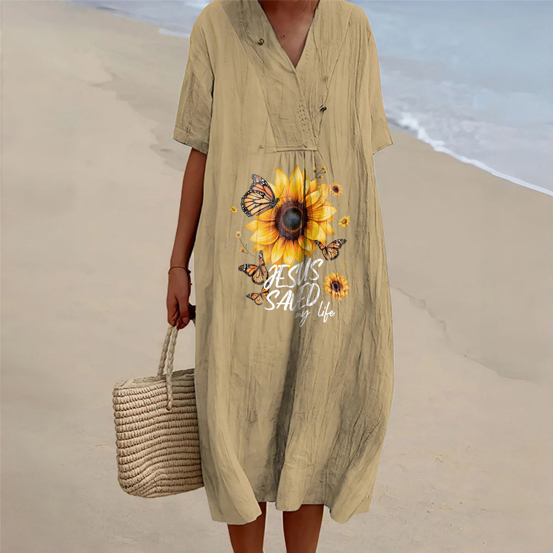 Christianartworkshop "Jesus hat mein Leben gerettet" Sonnenblumen- und Schmetterlings-Midikleid mit V-Ausschnitt und kurzen Ärmeln - Khaki - 4XL - image 2