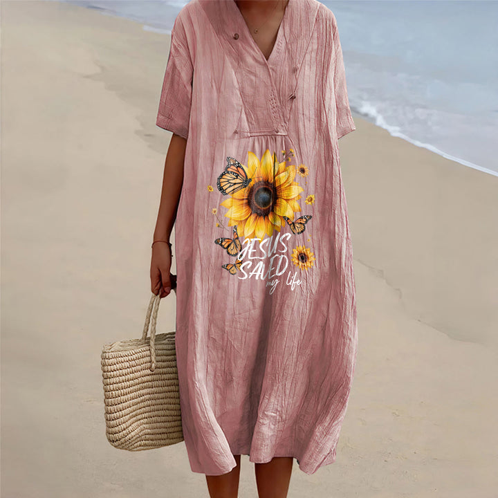 Christianartworkshop "Jesus hat mein Leben gerettet" Sonnenblumen- und Schmetterlings-Midikleid mit V-Ausschnitt und kurzen Ärmeln - Rosa - 4XL - image 10