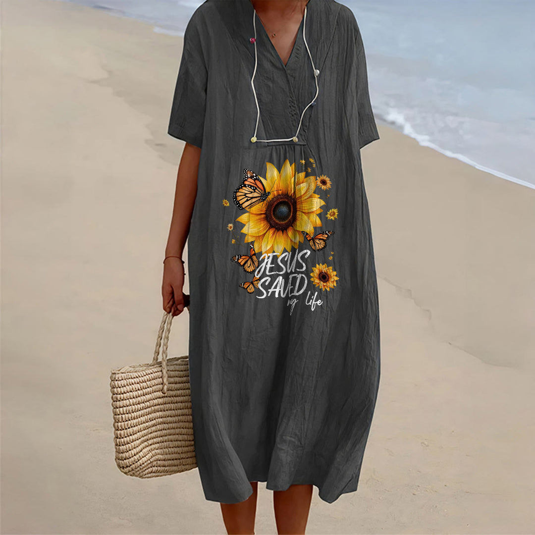 Christianartworkshop "Jesus hat mein Leben gerettet" Sonnenblumen- und Schmetterlings-Midikleid mit V-Ausschnitt und kurzen Ärmeln - Schwarz - 4XL - image 4