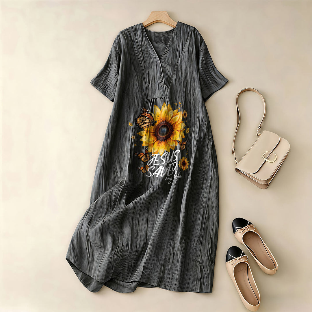 Christianartworkshop "Jesus hat mein Leben gerettet" Sonnenblumen- und Schmetterlings-Midikleid mit V-Ausschnitt und kurzen Ärmeln - image 5