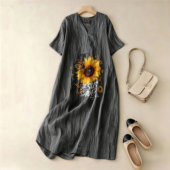 Christianartworkshop "Jesus hat mein Leben gerettet" Sonnenblumen- und Schmetterlings-Midikleid mit V-Ausschnitt und kurzen Ärmeln - image 5