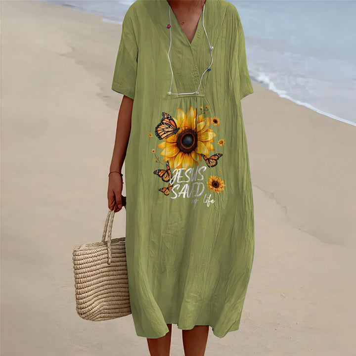 Christianartworkshop "Jesus hat mein Leben gerettet" Sonnenblumen- und Schmetterlings-Midikleid mit V-Ausschnitt und kurzen Ärmeln - Olivgrün - 4XL - image 0