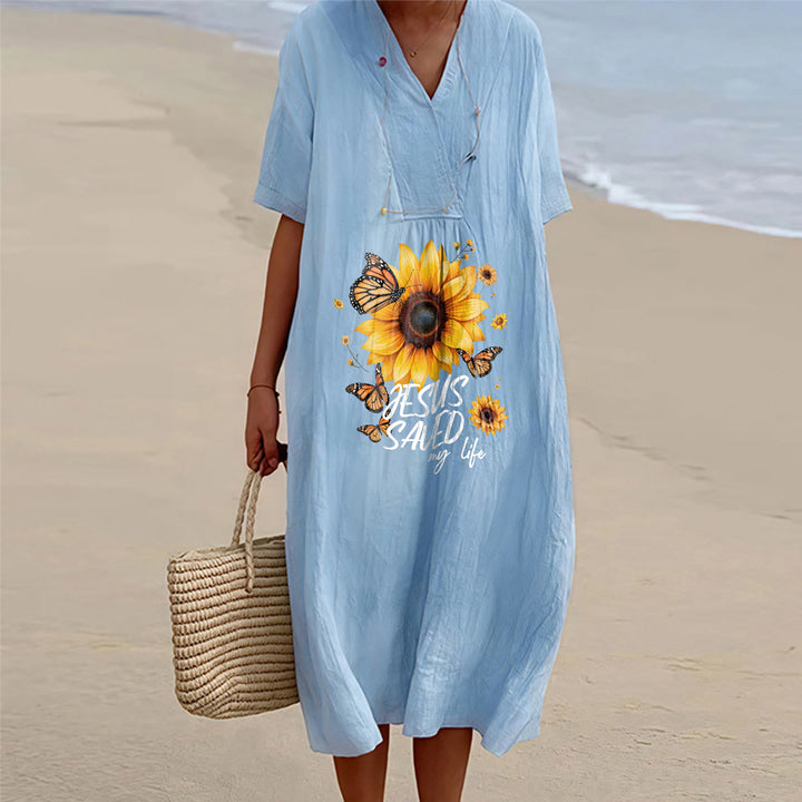 Christianartworkshop "Jesus hat mein Leben gerettet" Sonnenblumen- und Schmetterlings-Midikleid mit V-Ausschnitt und kurzen Ärmeln - Blau - 4XL - image 6