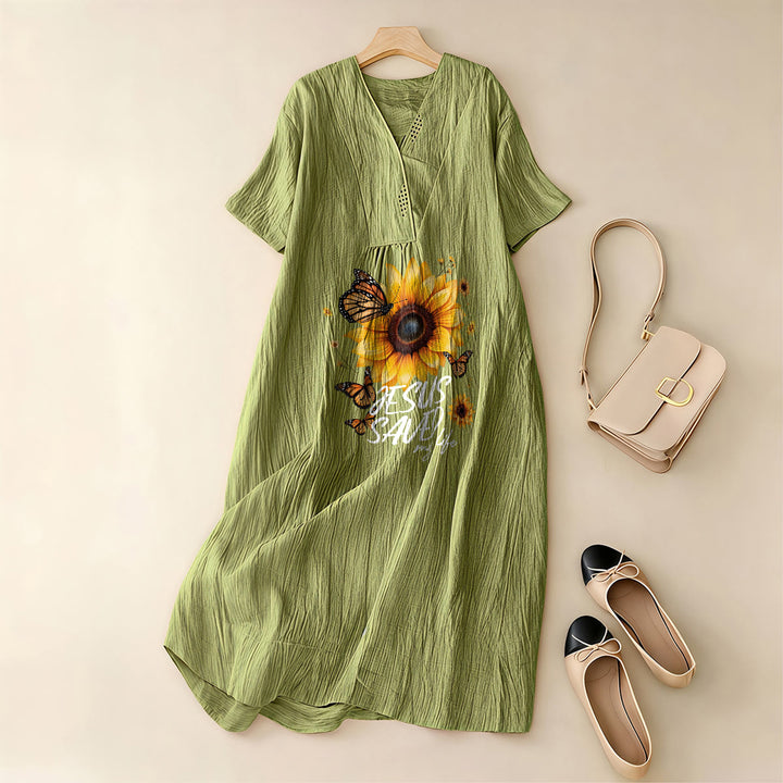 Christianartworkshop "Jesus hat mein Leben gerettet" Sonnenblumen- und Schmetterlings-Midikleid mit V-Ausschnitt und kurzen Ärmeln - image 1