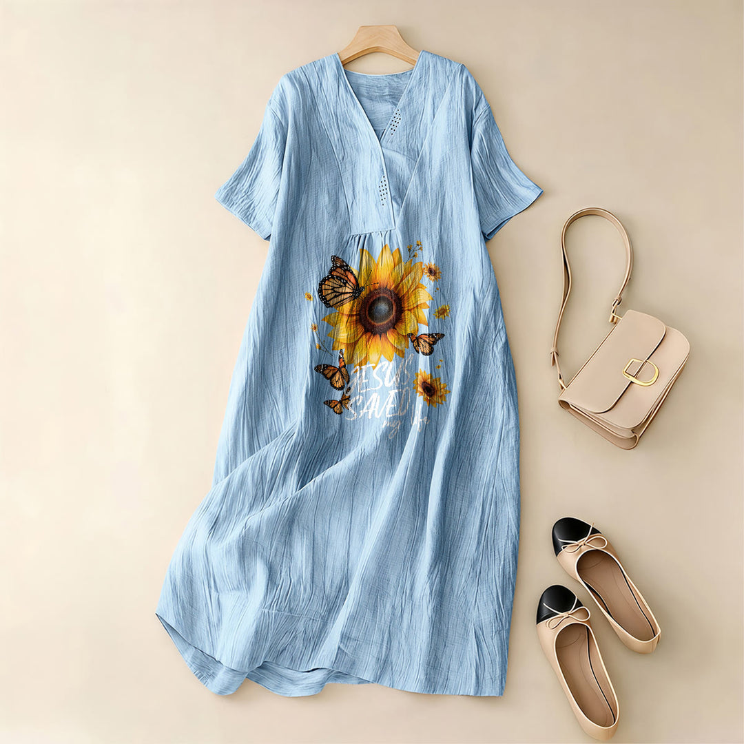 Christianartworkshop "Jesus hat mein Leben gerettet" Sonnenblumen- und Schmetterlings-Midikleid mit V-Ausschnitt und kurzen Ärmeln - image 7