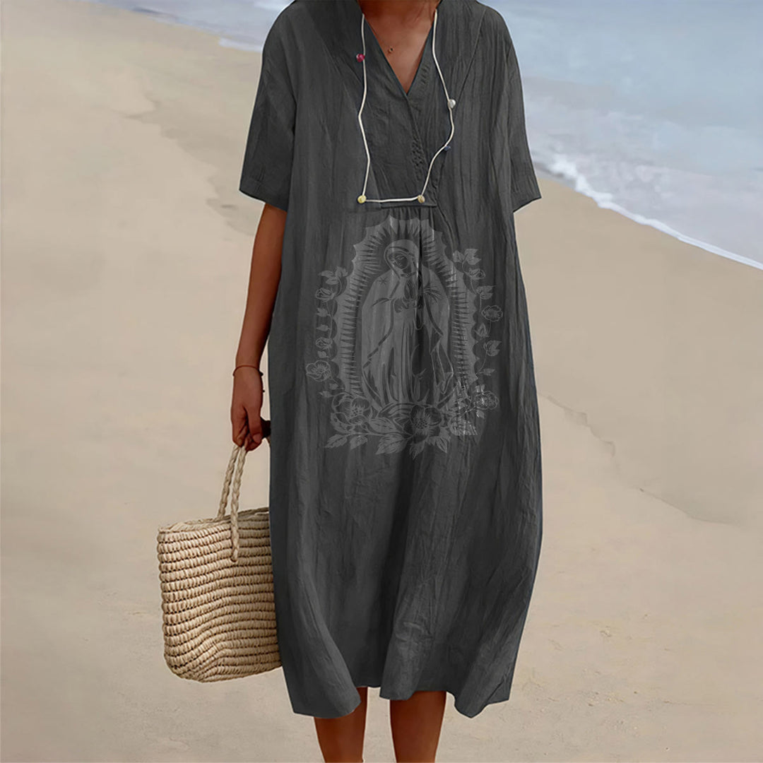 Christianartworkshop Midikleid mit V-Ausschnitt und kurzen Ärmeln im Stil der Jungfrau von Guadalupe - Schwarz - 4XL - image 2