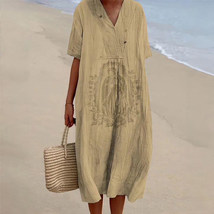 Christianartworkshop Midikleid mit V-Ausschnitt und kurzen Ärmeln im Stil der Jungfrau von Guadalupe - Khaki - 4XL - image 6