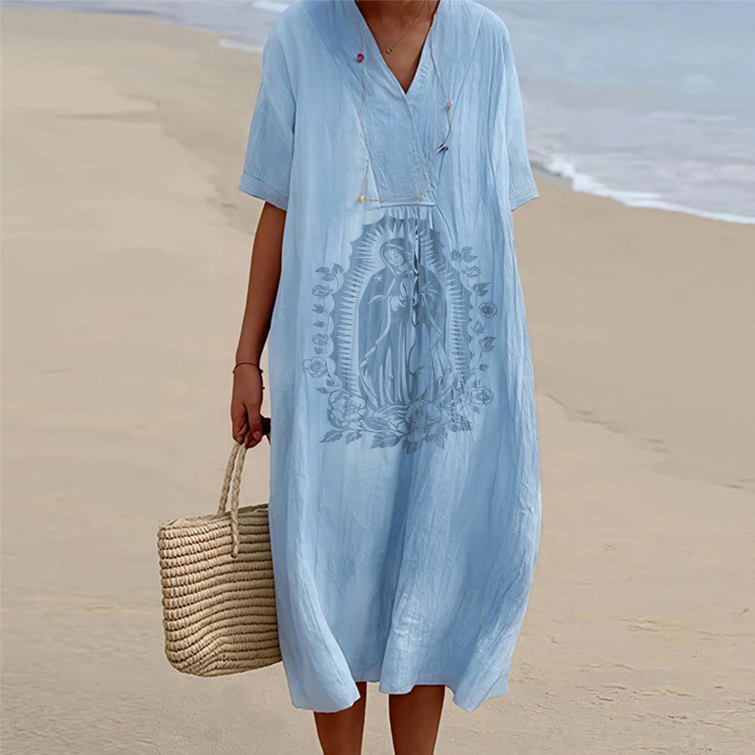 Christianartworkshop Midikleid mit V-Ausschnitt und kurzen Ärmeln im Stil der Jungfrau von Guadalupe - Blau - 4XL - image 0