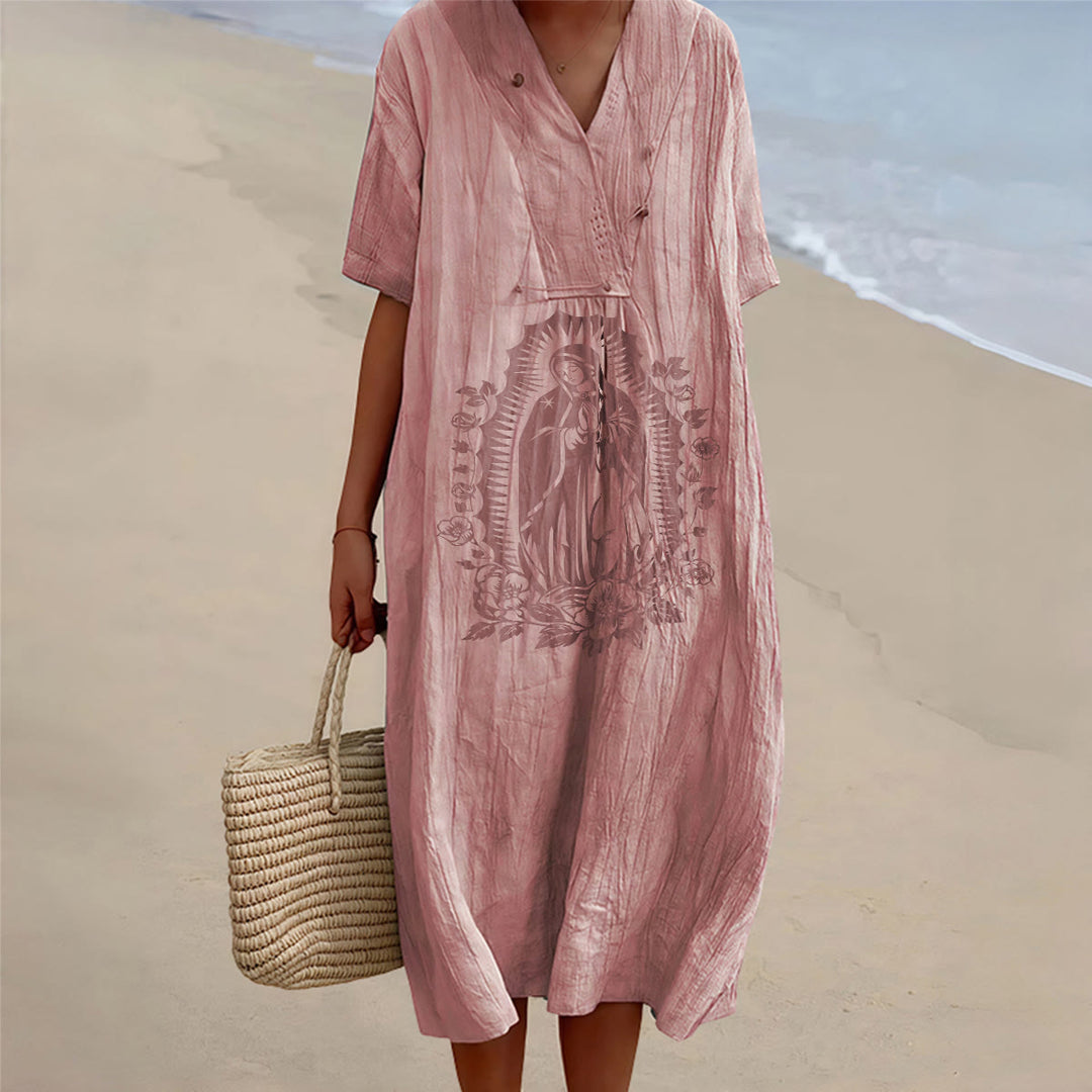Christianartworkshop Midikleid mit V-Ausschnitt und kurzen Ärmeln im Stil der Jungfrau von Guadalupe - Rosa - 4XL - image 8