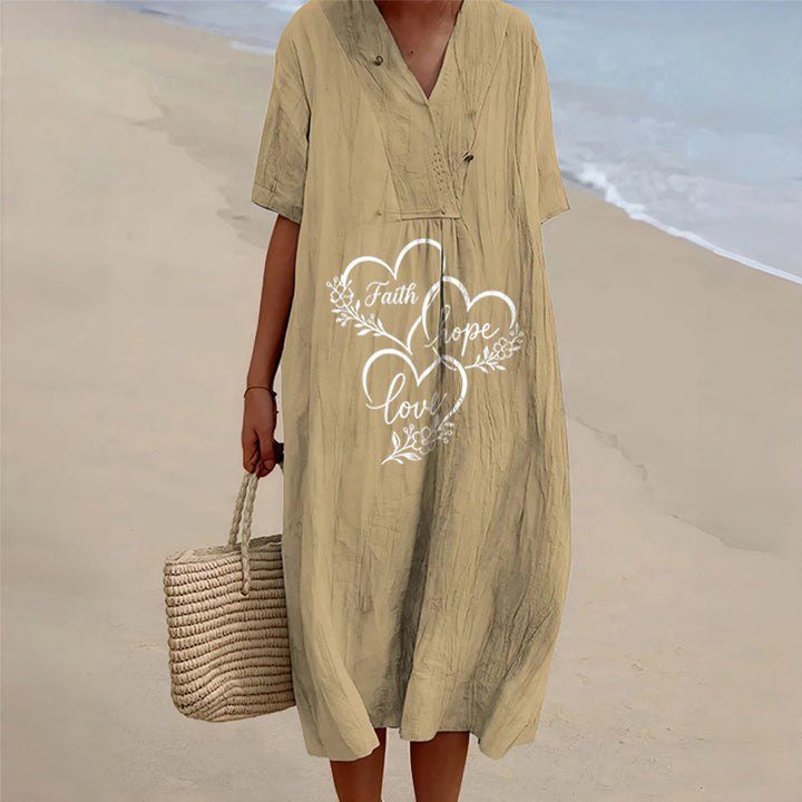 Christianartworkshop Midikleid mit Blumenherz-Print „Glaube, Hoffnung, Liebe“, V-Ausschnitt und kurzen Ärmeln - Khaki - 4XL - image 6
