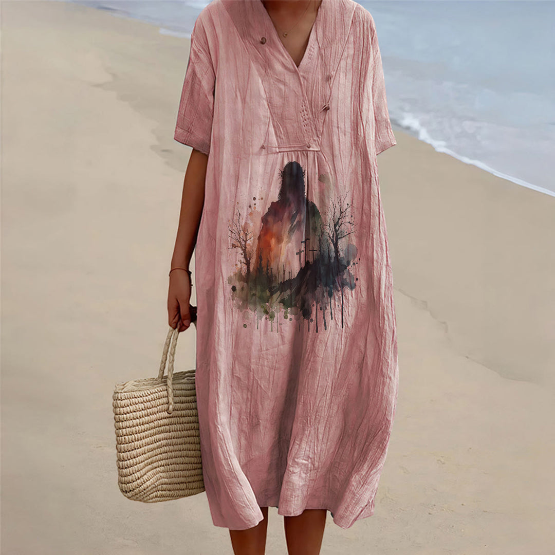 Christianartworkshop Religiöse Kunst, Aquarell, Jesus-Silhouette, V-Ausschnitt, Kurzarm-Midikleid - Rosa - 4XL - image 8