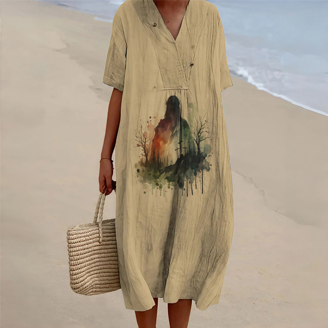 Christianartworkshop Religiöse Kunst, Aquarell, Jesus-Silhouette, V-Ausschnitt, Kurzarm-Midikleid - Khaki - 4XL - image 6