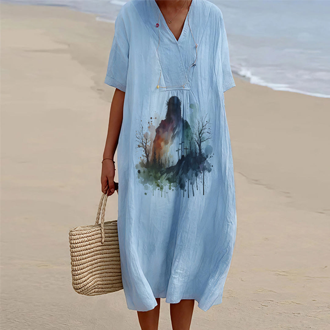 Christianartworkshop Religiöse Kunst, Aquarell, Jesus-Silhouette, V-Ausschnitt, Kurzarm-Midikleid - Blau - 4XL - image 0