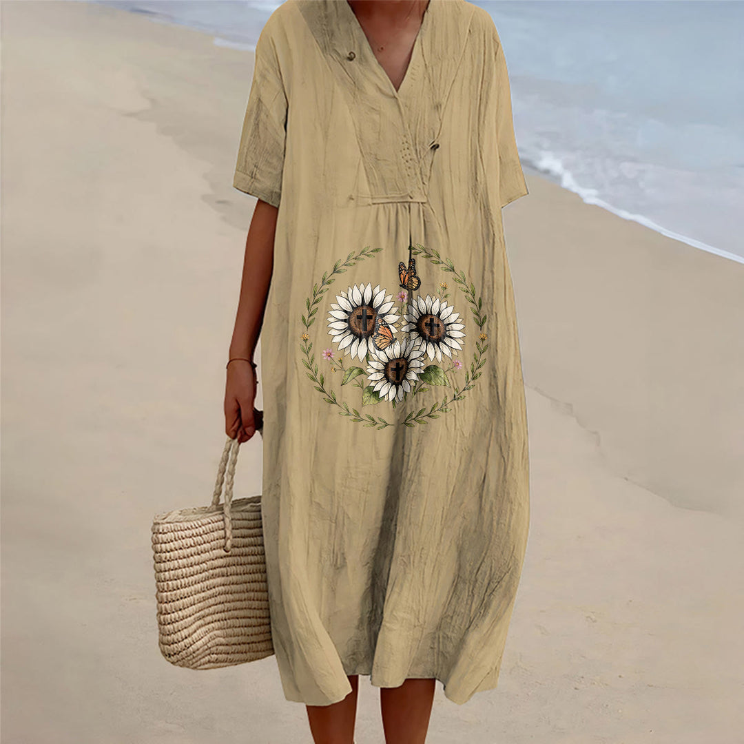 Christianartworkshop Andachtskleid mit Sonnenblumenkreuz und Schmetterlingskranz, V-Ausschnitt, kurzen Ärmeln, Midi-Länge - Khaki - 4XL - image 0