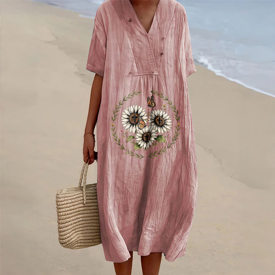 Christianartworkshop Andachtskleid mit Sonnenblumenkreuz und Schmetterlingskranz, V-Ausschnitt, kurzen Ärmeln, Midi-Länge - Rosa - 4XL - image 8
